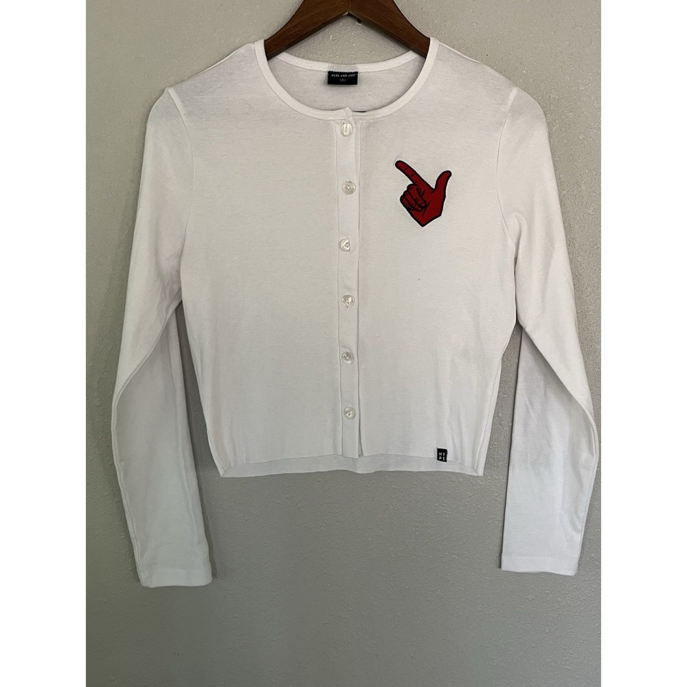 Hype and Vice White Cardigan Embroidered Red Hand Juniors Size L